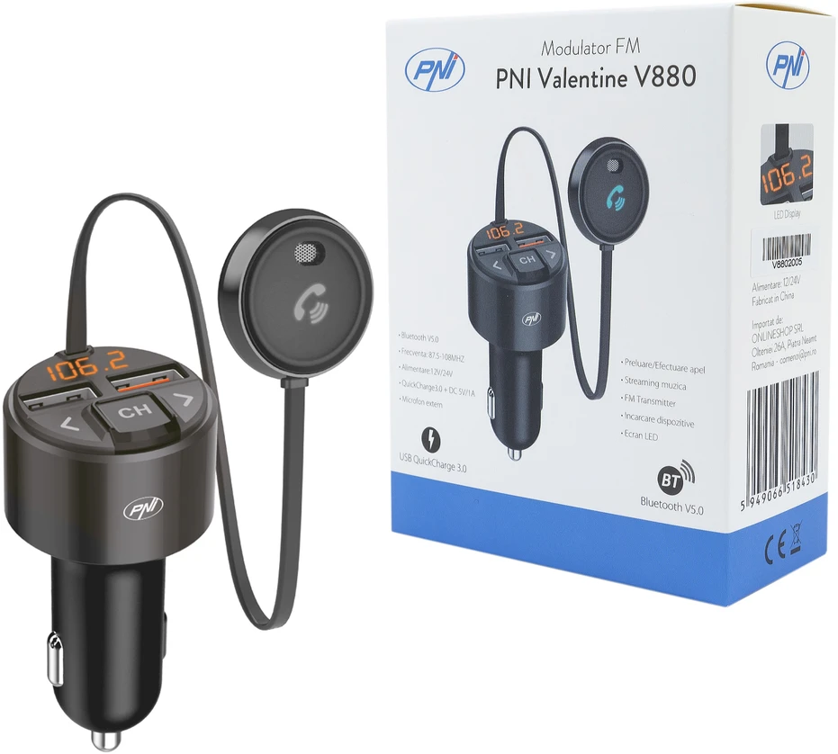 FM moduliatorius PNI Valentine V880 su mikrofonu, Bluetooth 5.0, MP3 grotuvas, FM siųstuvas, dviguba USB jungtis, greitasis įkrovimas mobiliesiems įrenginiams per QC3.0, suderinamas su Siri ir Google Assistant