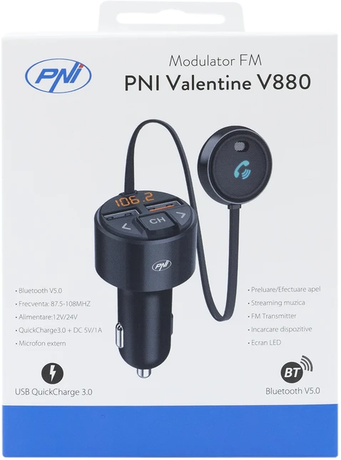 FM moduliatorius PNI Valentine V880 su mikrofonu, Bluetooth 5.0, MP3 grotuvas, FM siųstuvas, dviguba USB jungtis, greitasis įkrovimas mobiliesiems įrenginiams per QC3.0, suderinamas su Siri ir Google Assistant