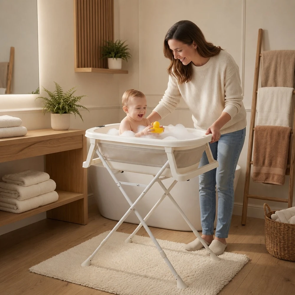 Foldable baby bathtub on stand with drain and LCD thermometer ECOTOYS