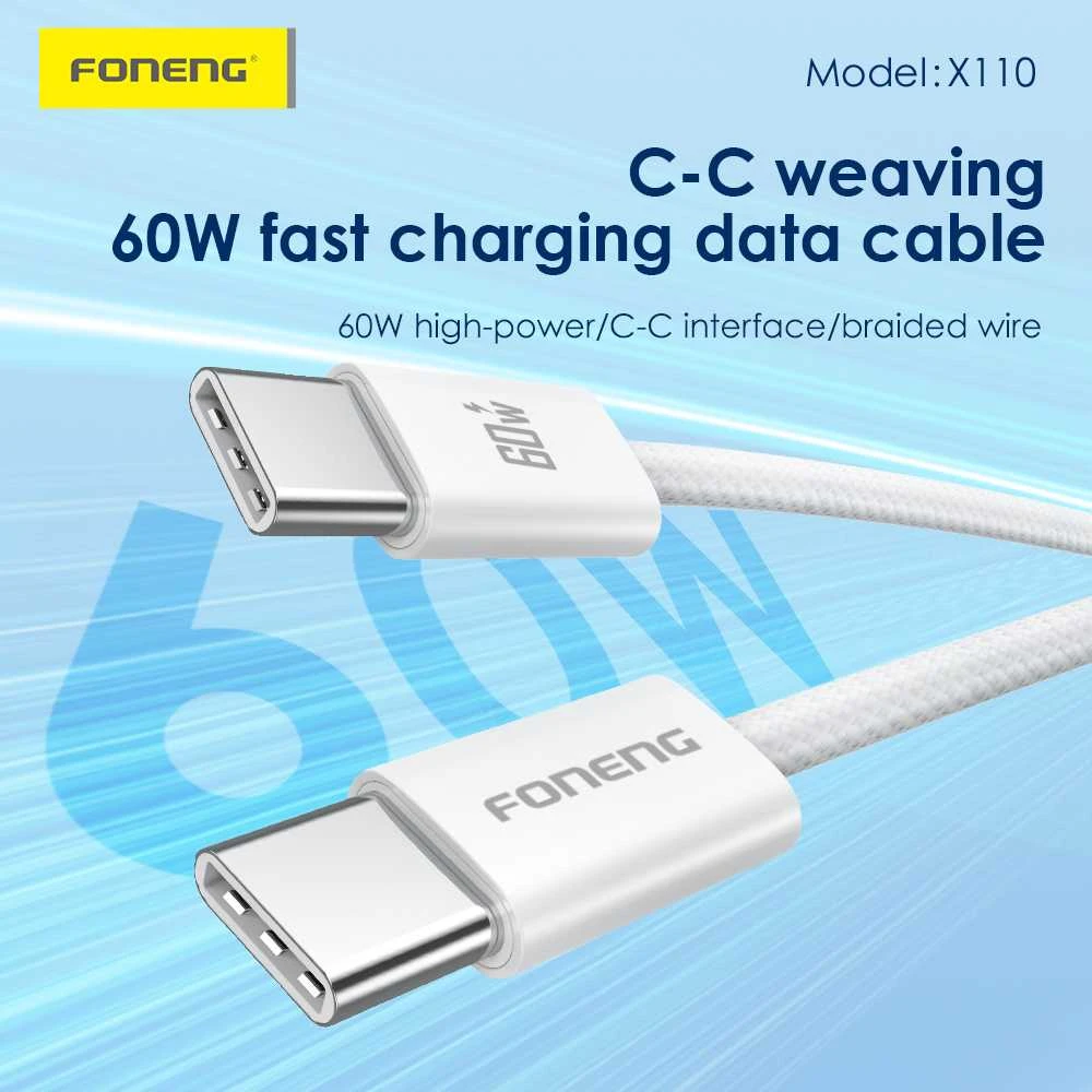 Foneng kabelis X110 – Type C į Type C – PD 60W 3A 1,2 metras baltos spalvos