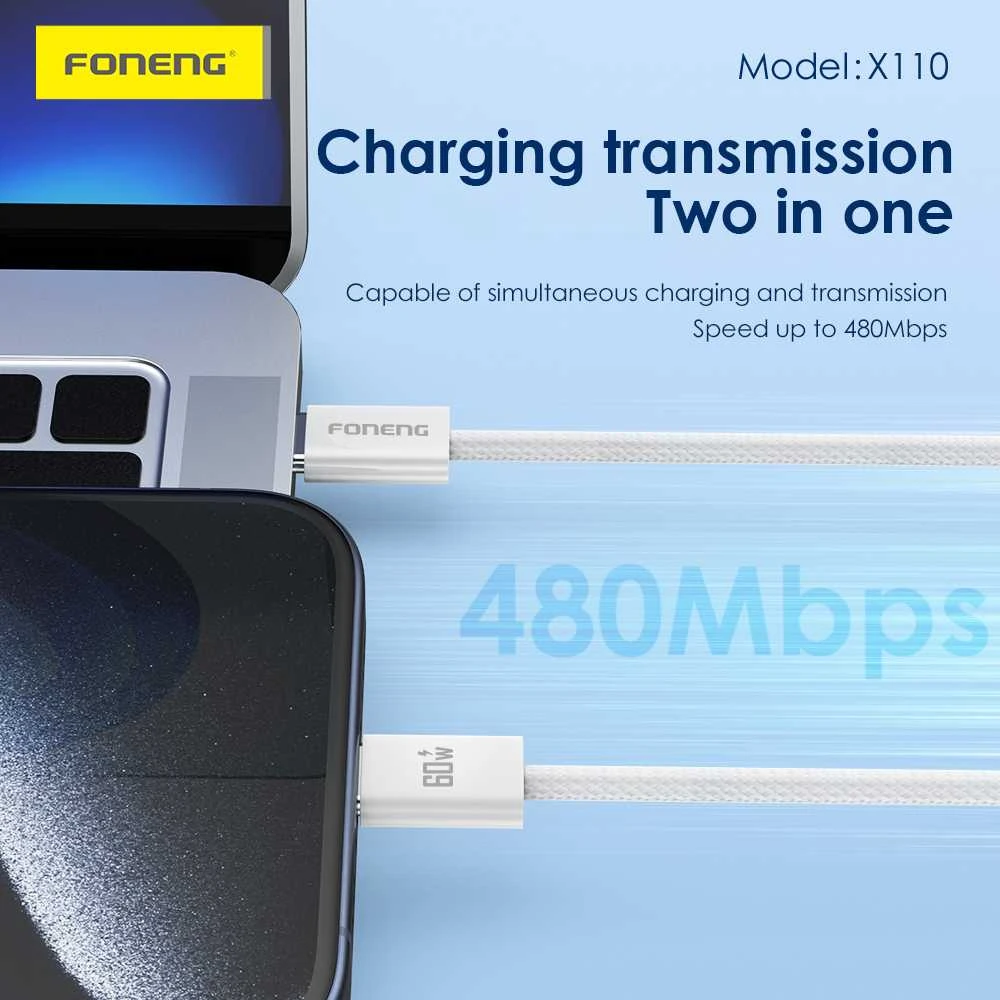 Foneng kabelis X110 – Type C į Type C – PD 60W 3A 1,2 metras baltos spalvos