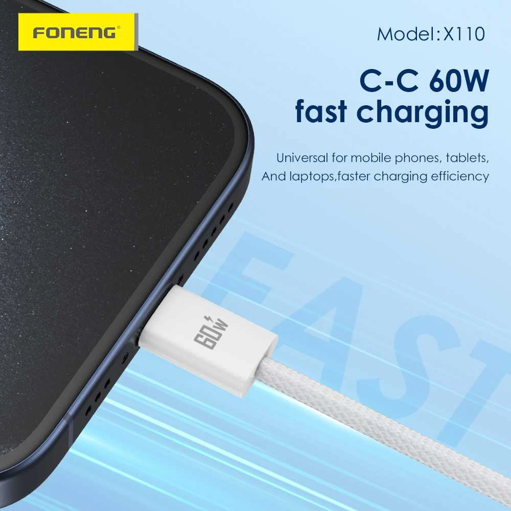 Foneng kabelis X110 – Type C į Type C – PD 60W 3A 1,2 metras baltos spalvos