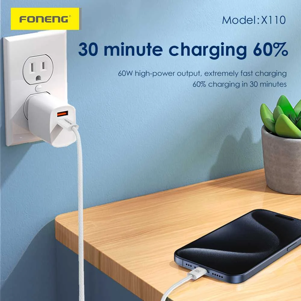 Foneng kabelis X110 – Type C į Type C – PD 60W 3A 1,2 metras baltos spalvos