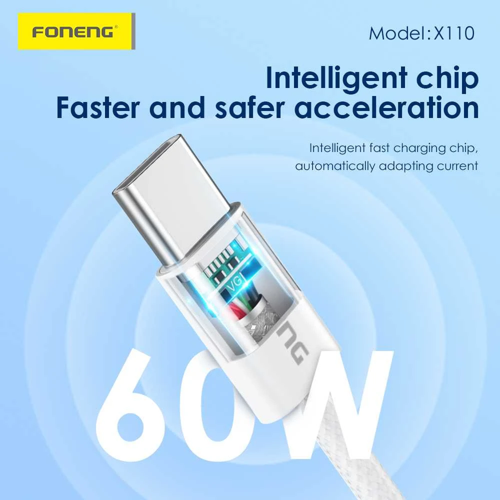 Foneng kabelis X110 – Type C į Type C – PD 60W 3A 1,2 metras baltos spalvos