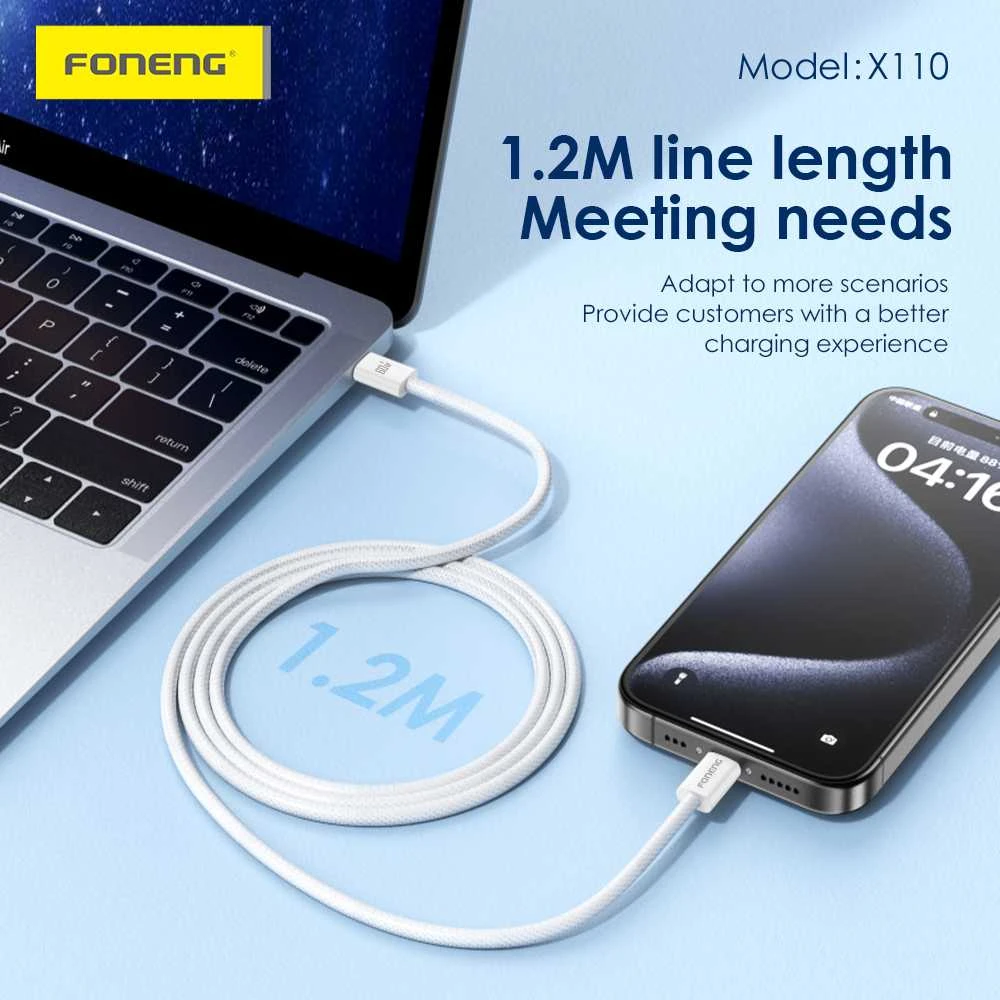Foneng kabelis X110 – Type C į Type C – PD 60W 3A 1,2 metras baltos spalvos