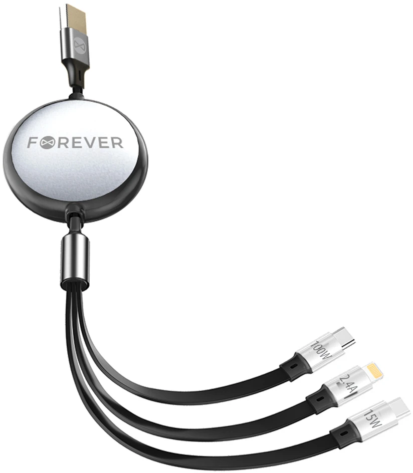 Forever 3in1 laidas USB – Lightning + 2x USB-C 1,2 m 100W juodas