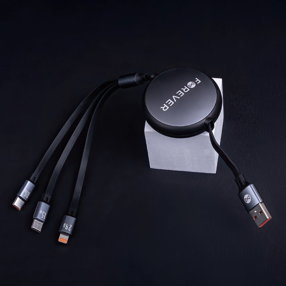 Forever 3in1 laidas USB – Lightning + 2x USB-C 1,2 m 100W juodas