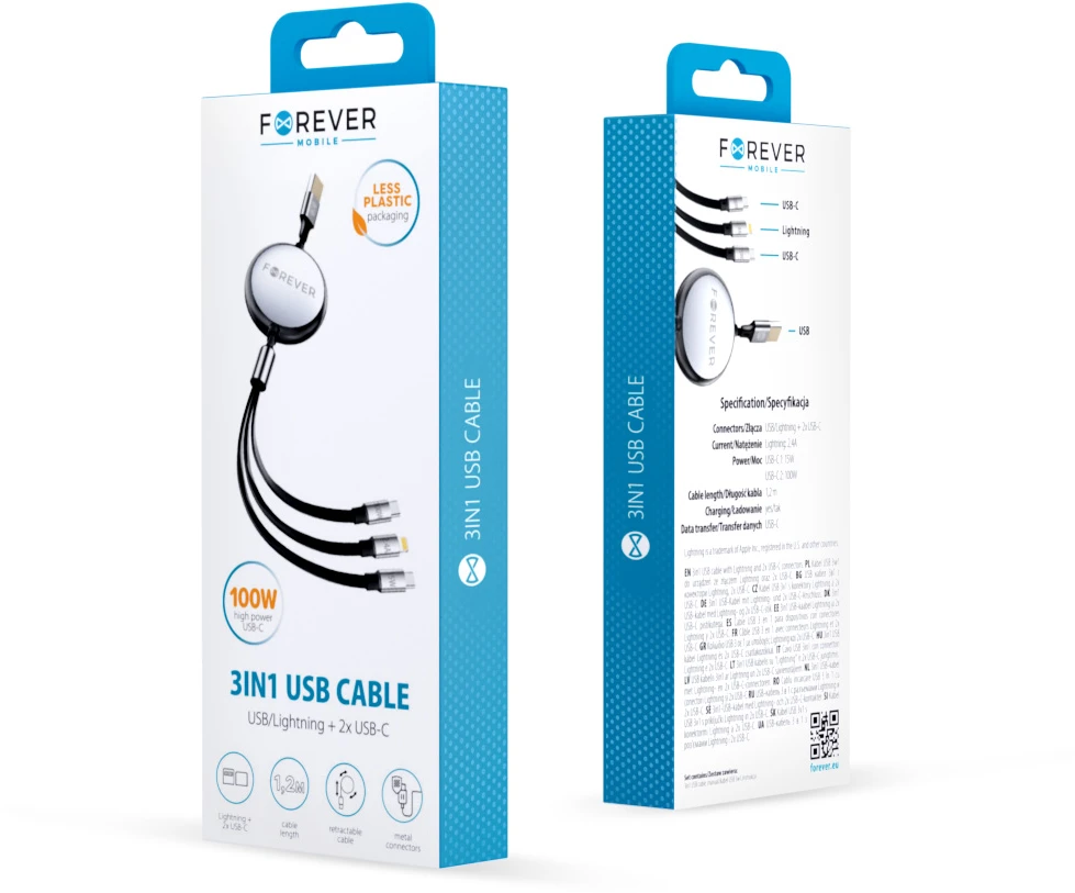 Forever 3in1 laidas USB – Lightning + 2x USB-C 1,2 m 100W juodas