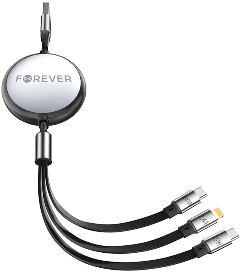 Forever 3in1 laidas USB – Lightning + 2x USB-C 1,2 m 100W juodas