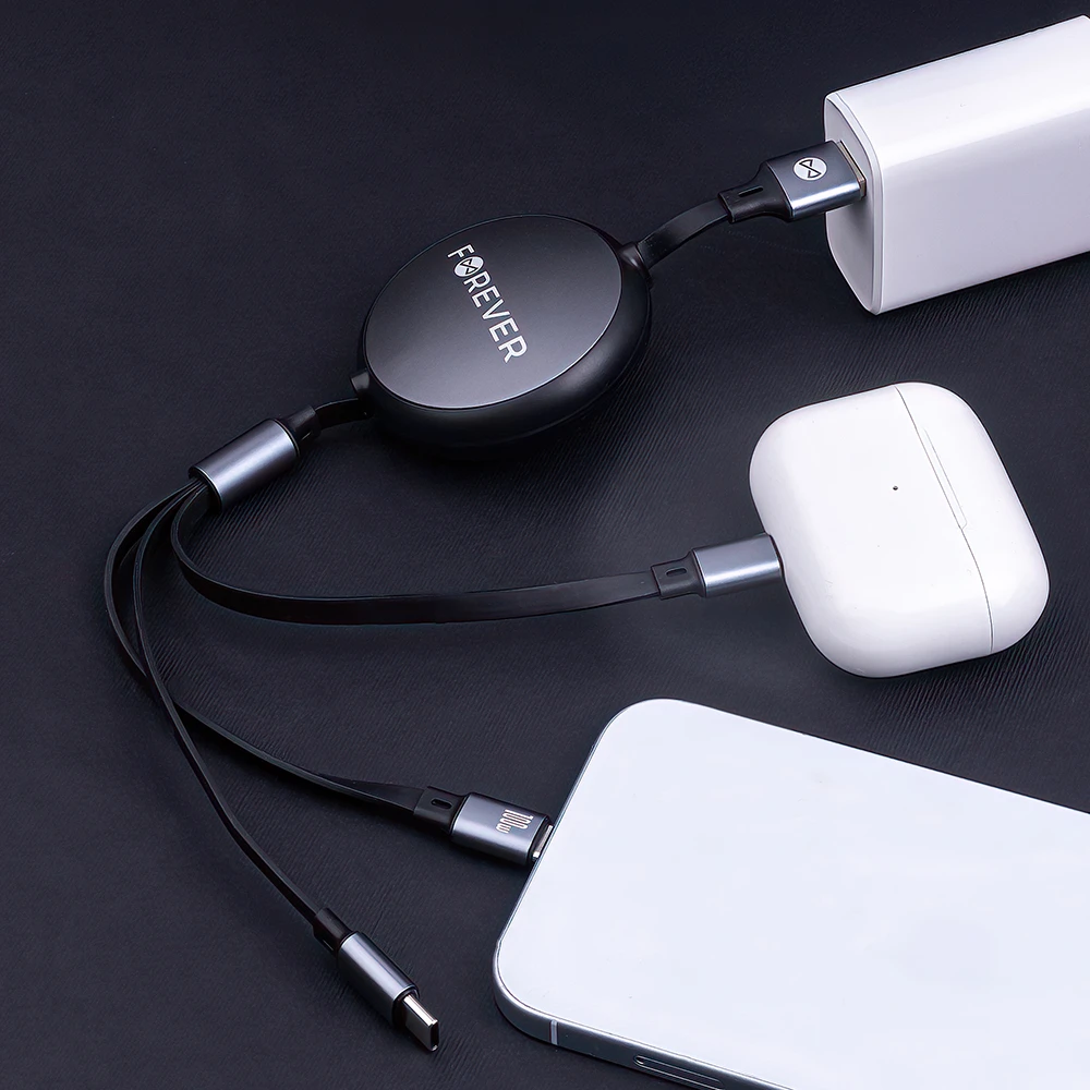 Forever 3in1 laidas USB – Lightning + 2x USB-C 1,2 m 100W juodas
