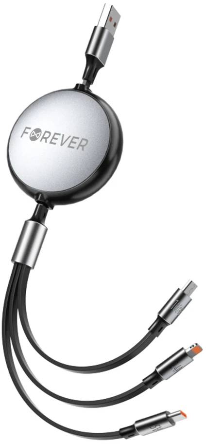 Forever 3in1 laidas USB – Lightning + 2x USB-C 1,2 m 100W juodas