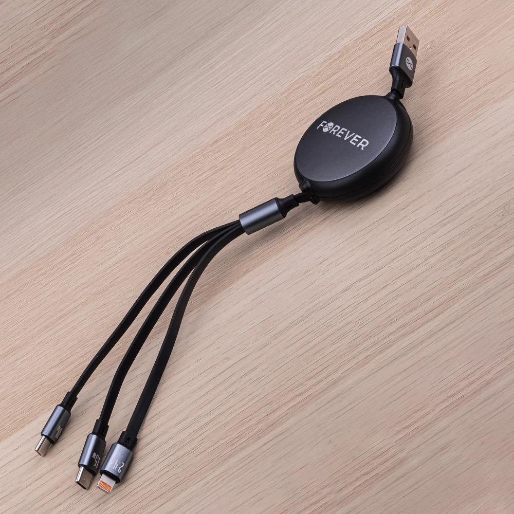 Forever 3in1 laidas USB – Lightning + 2x USB-C 1,2 m 100W juodas