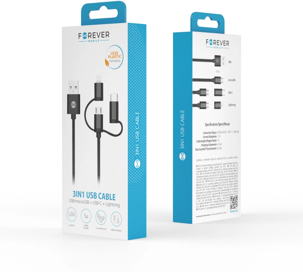 Forever 3in1 laidas USB – Lightning + USB-C + microUSB 1,0 m 1,5A juodas