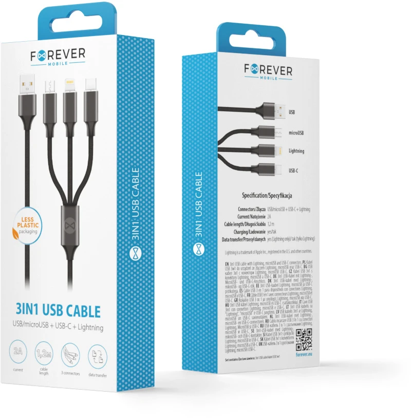 Forever 3in1 laidas USB – Lightning + USB-C + microUSB 1,2 m 2A juodas
