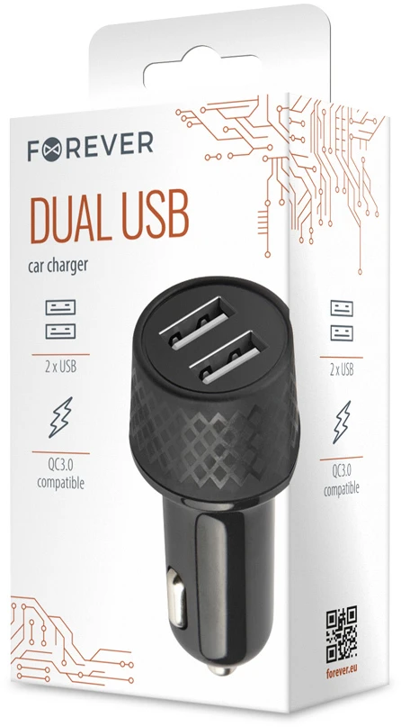 Forever automobilinis įkroviklis 1xUSB 2,4A + 1xUSB QC 3.0 LA-03 juodas