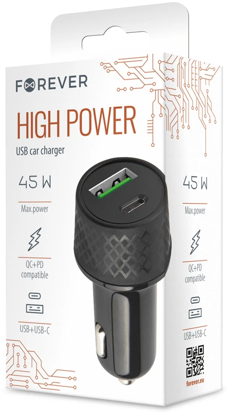 TelForceone Forever automobilinis įkroviklis 1xUSB 2,4A + 1xUSB-C PD 45W LA-04 juodas