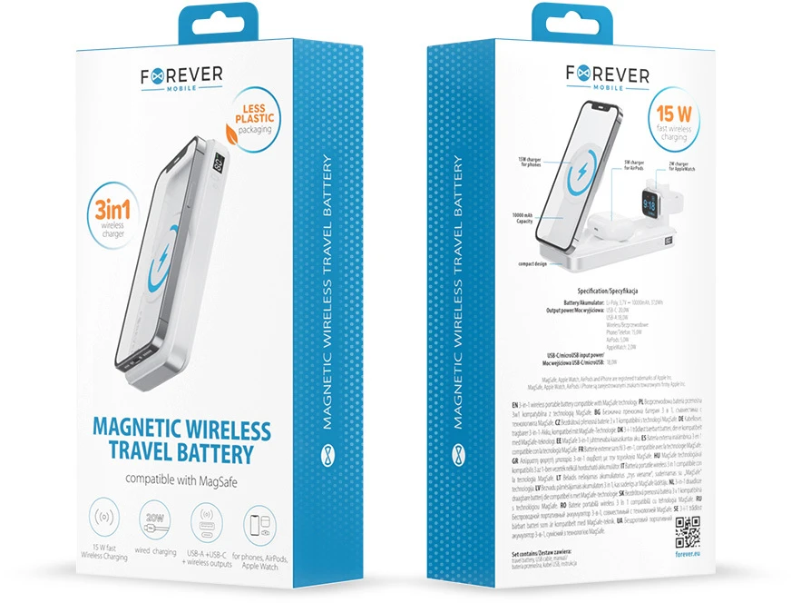 Forever belaidė išorinė baterija MATB-300 10000 mAh magnetinė 3in1 balta