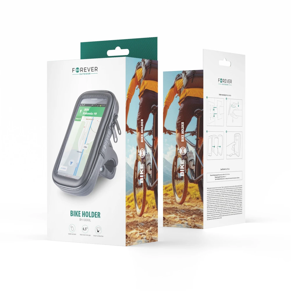 Forever BH-100 dviračio laikiklis, skirtas mobiliesiems telefonams iki 6,5"; Su langu Juodas