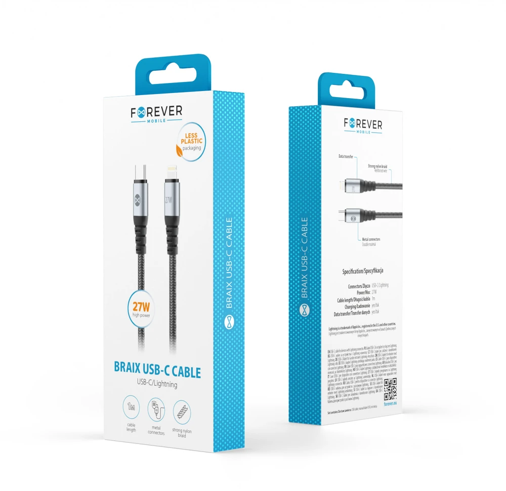 Forever Braix laidas USB-C – Lightning 1,0 m 27W juodas