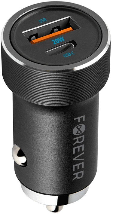 Automobilinis įkroviklis Forever CC-06 PD QC 1x USB-C 1x USB 20W juodas + USB-C – USB-C laidas 60W