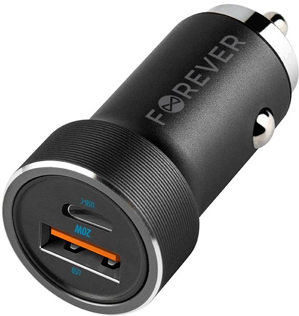 Automobilinis įkroviklis Forever CC-06 PD QC 1x USB-C 1x USB 20W juodas + USB-C – USB-C laidas 60W
