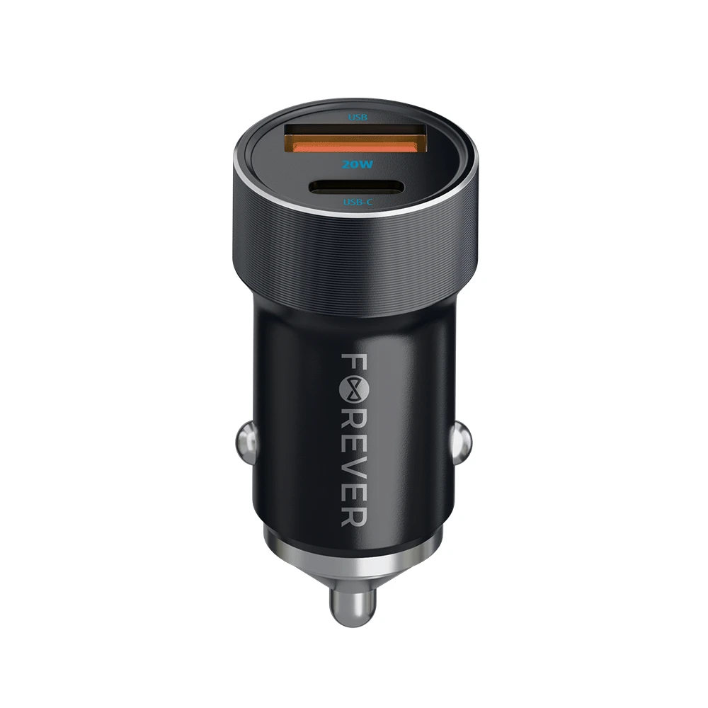 Automobilinis įkroviklis Forever CC-06 PD QC 1x USB-C 1x USB 20W juodas + USB-C – USB-C laidas 60W