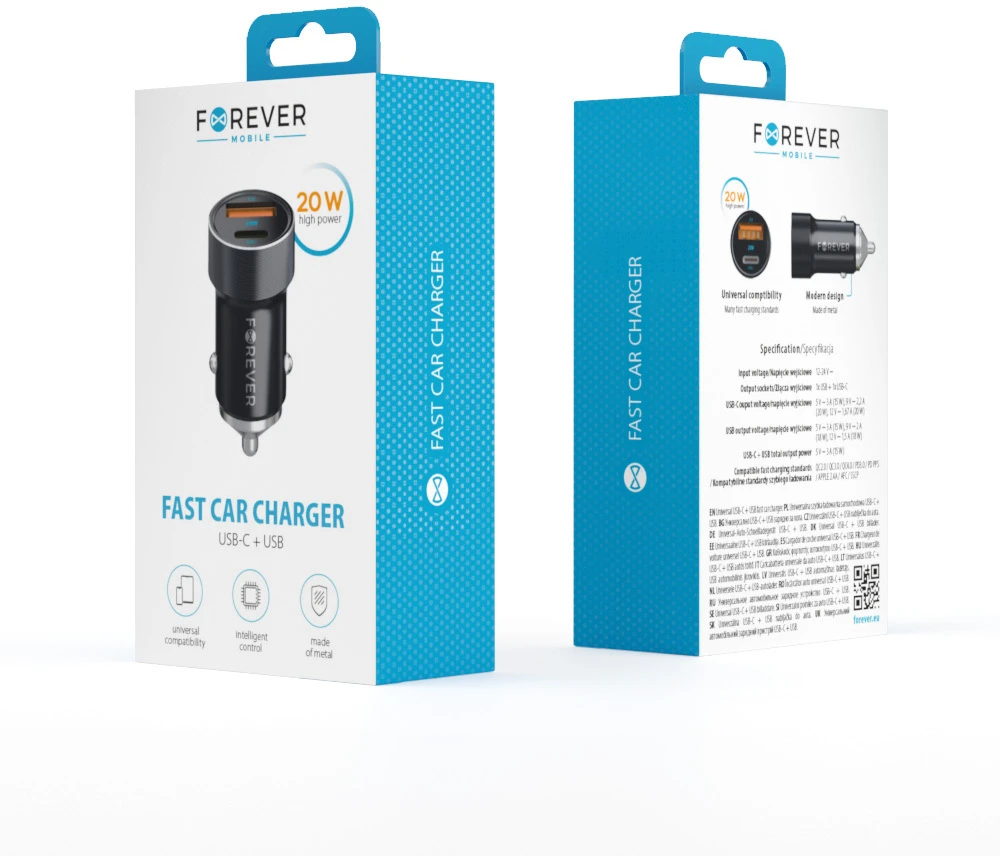 Forever CC-06 PD QC automobilinis įkroviklis 1x USB-C 1x USB 20W juodas