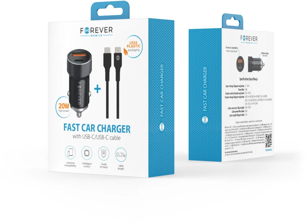 Automobilinis įkroviklis Forever CC-06 PD QC 1x USB-C 1x USB 20W juodas + USB-C – USB-C laidas 60W