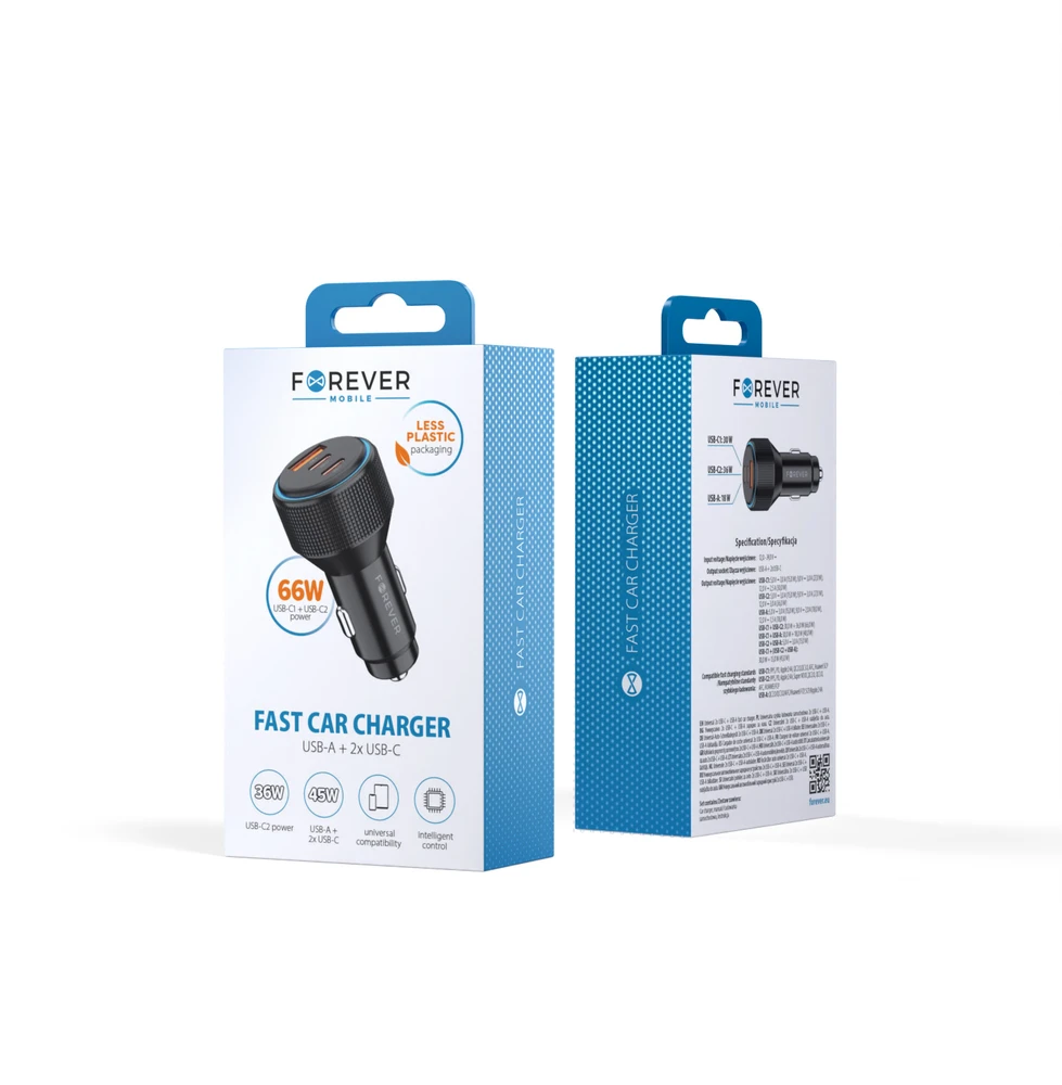 Forever CC-07-66ACC PD QC automobilinis įkroviklis 1x USB-A 2x USB-C 66W juodas