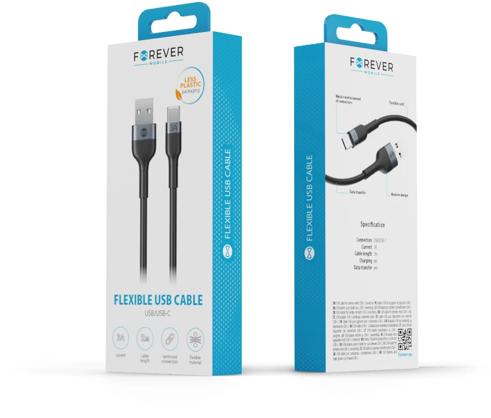 Forever lankstus laidas USB – USB-C 1,0 m 3A juodas