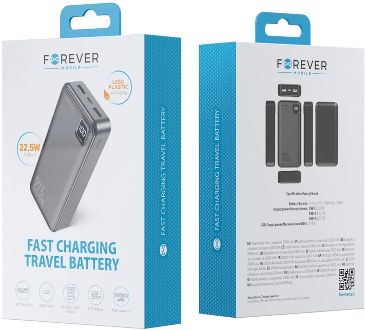 Forever išorinė baterija TB-300L PD QC 22,5W 20000 mAh juoda