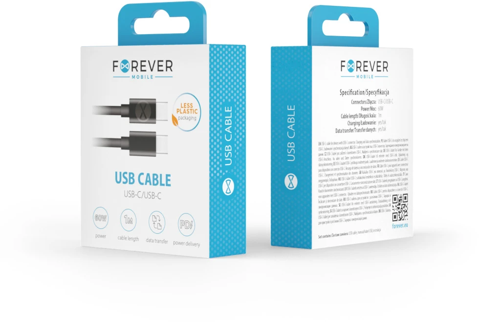 Forever USB-C – USB-C laidas 1,0 m 60W juodas