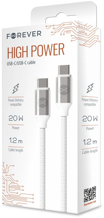 Forever USB-C – USB-C laidas 1,2 m 3A 20W WHP12320 baltas