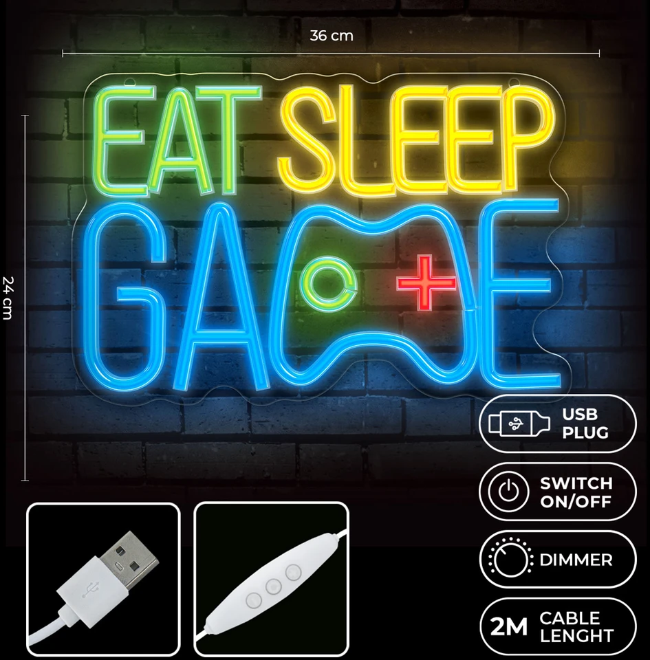„Forever Light Neon PLEXI“ LED šviestuvas „Eat Sleep Game“ daugiaspalvis FPNE33