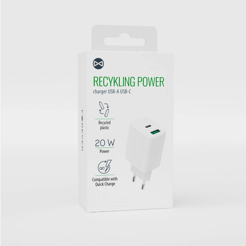 Forever Recycling Forever perdirbtas sieninis įkroviklis USB + USB-C 20W LSR20-AC-00 baltas