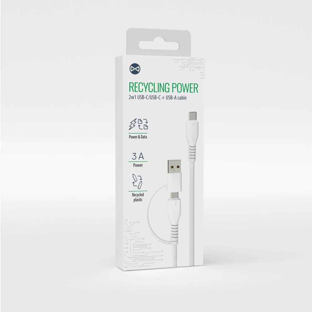 Forever Recycling „Forever“ perdirbamo plastiko laidas 2in1 1,5m 3A USB-C – USB-C + USB-A KR2W1-00 baltas