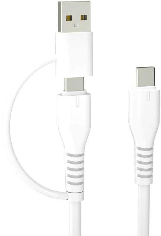 Forever Recycling „Forever“ perdirbamo plastiko laidas 2in1 1,5m 3A USB-C – USB-C + USB-A KR2W1-00 baltas