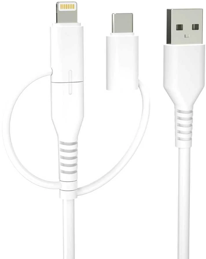 Forever Recycling „Forever“ perdirbto plastiko laidas 3-in-1 1,5 m 2,4 A USB-A – USB-C + microUSB + „Lightning“ KR3W1-00 baltas