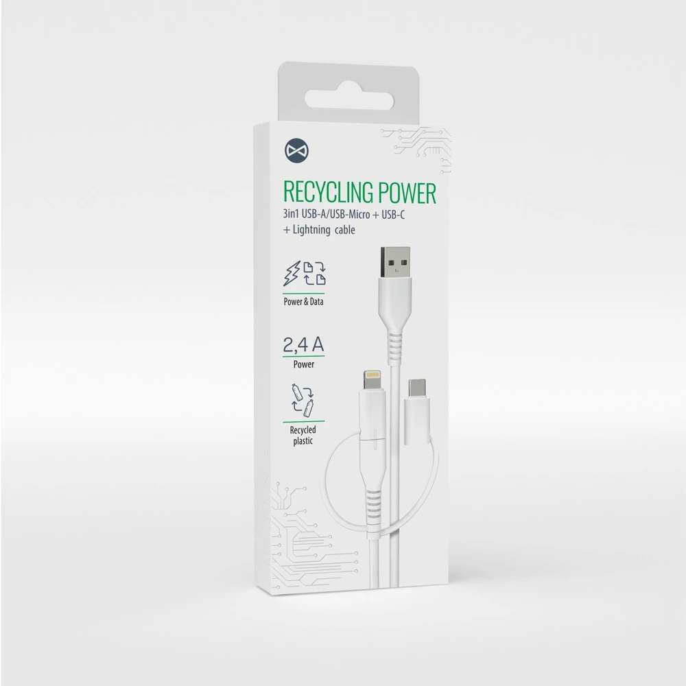 Forever Recycling „Forever“ perdirbto plastiko laidas 3-in-1 1,5 m 2,4 A USB-A – USB-C + microUSB + „Lightning“ KR3W1-00 baltas
