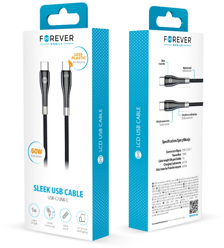 Forever Sleek laidas USB-C – USB-C 1,0 m 60W juodas