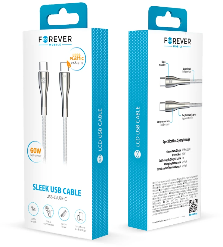 Forever Sleek laidas USB-C – USB-C 1,0 m 60W baltas