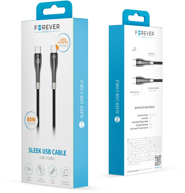 Forever Sleek USB-C – USB-C laidas 2,0 m 60W juodas