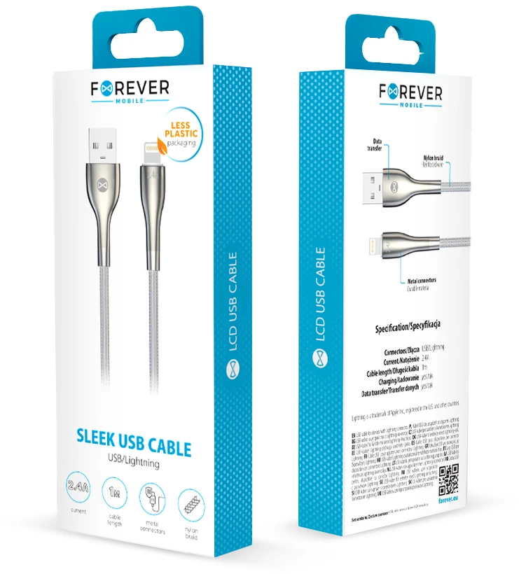 „Forever Sleek“ laidas USB – „Lightning“ 1,0 m 2.4A baltas