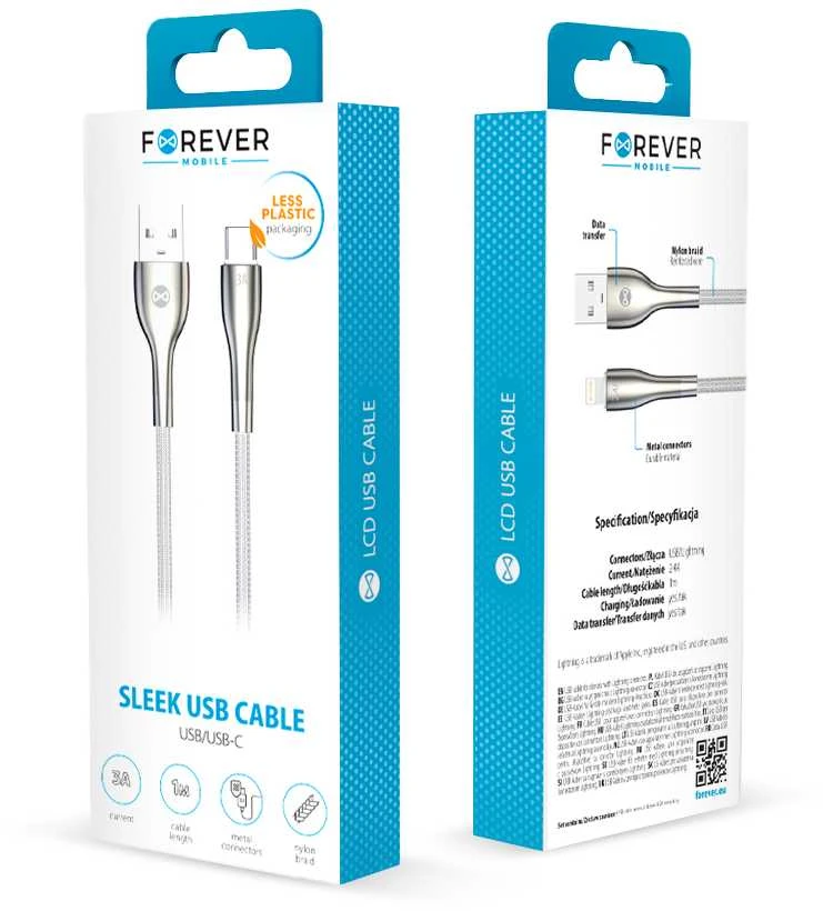 Forever Sleek laidas USB – USB-C 1,0 m 3A baltas