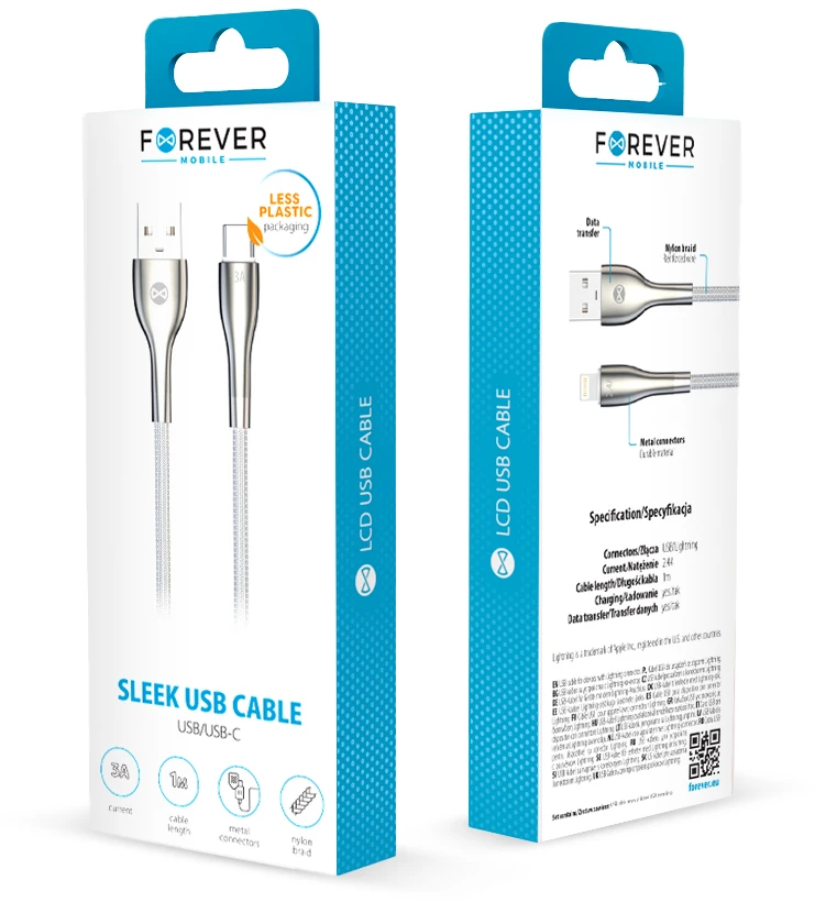 Forever Sleek laidas USB – USB-C 1,0 m 3A baltas