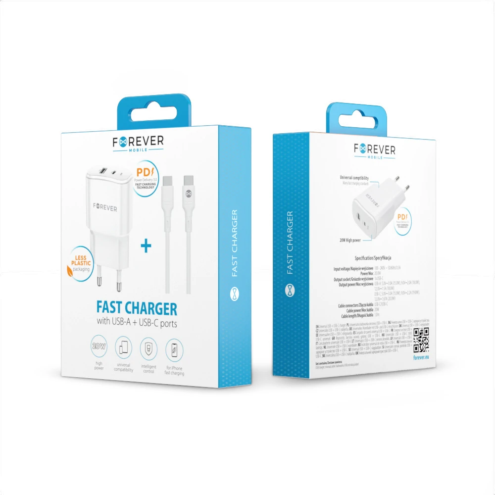 Forever TC-01-20AC PD QC įkroviklis 1x USB-C 1x USB 20W baltas + USB-C – USB-C laidas 20W