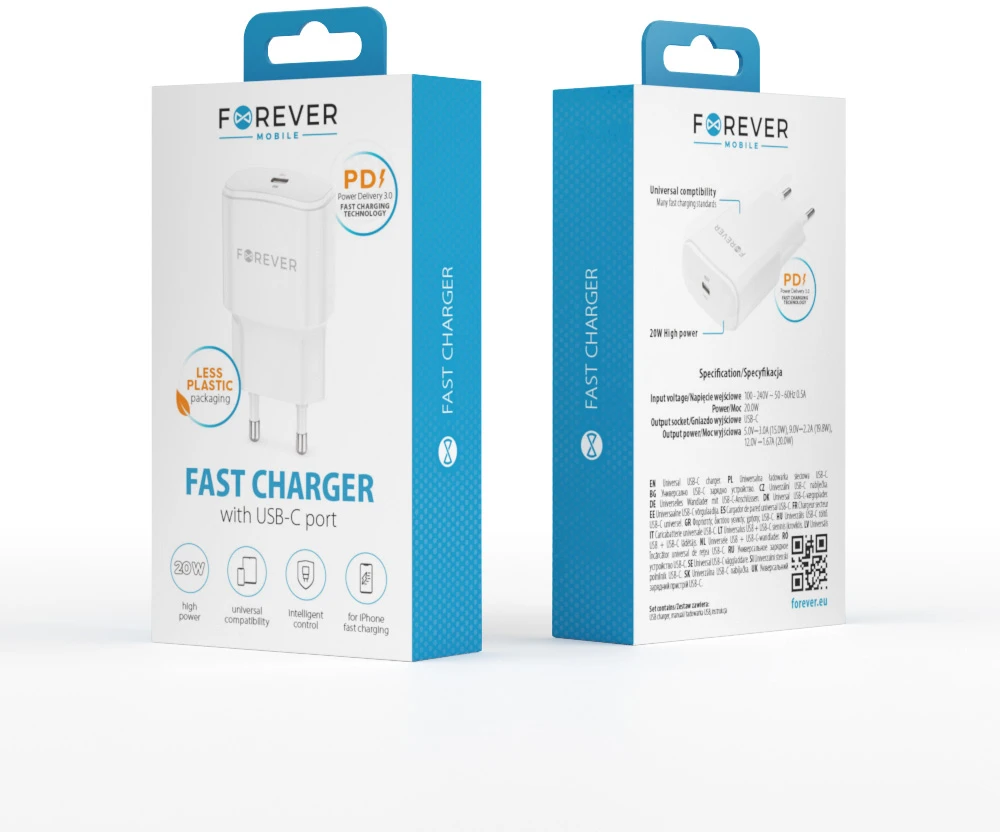 Forever TC-01-20C PD QC įkroviklis 1x USB-C 20W baltas