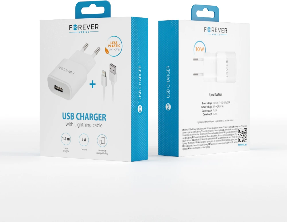 Forever TC-01 įkroviklis 1x USB 2A baltas + Lightning laidas