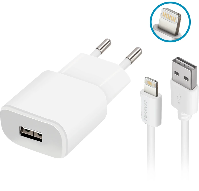 Forever TC-01 įkroviklis 1x USB 2A baltas + Lightning laidas