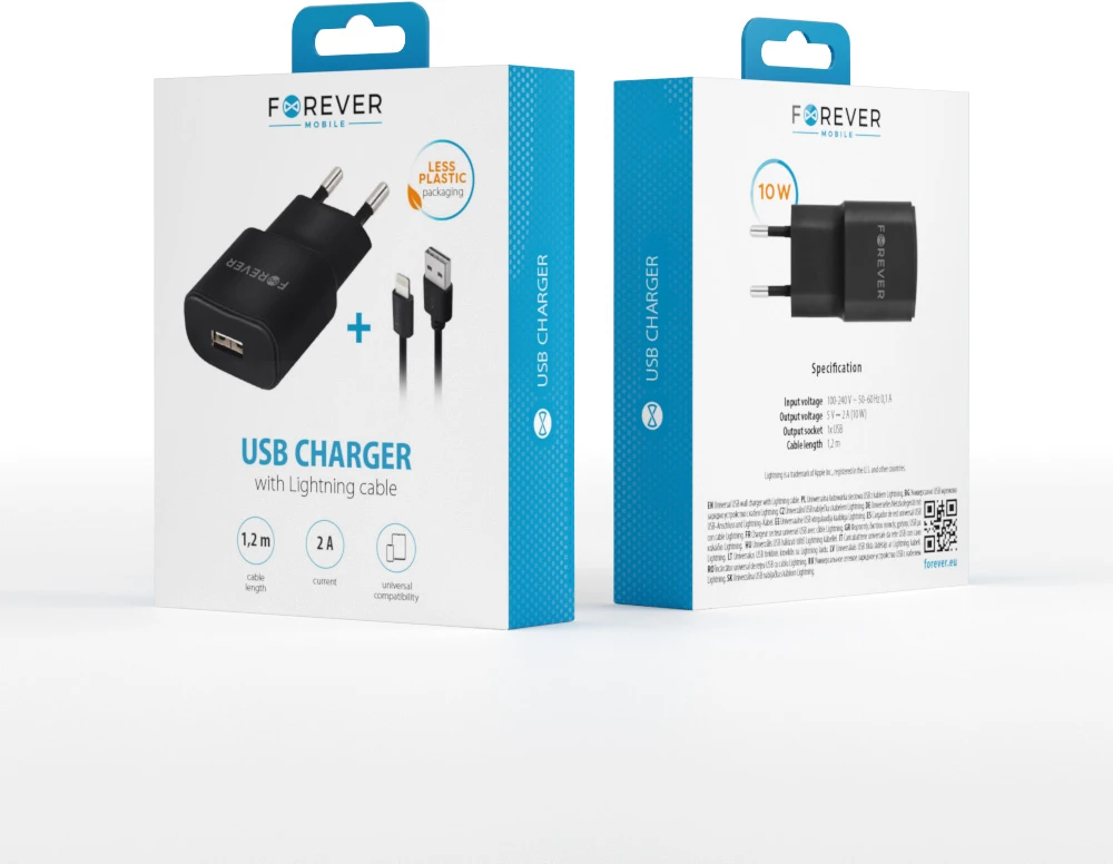 Forever TC-01 įkroviklis 1x USB 2A juodas + Lightning laidas